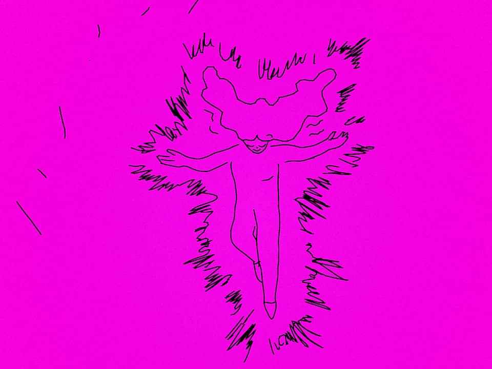 A hand-drawn black figure with outstretched arms floats against a vivid magenta background, surrounded by energetic sketch lines and scribbled marks.