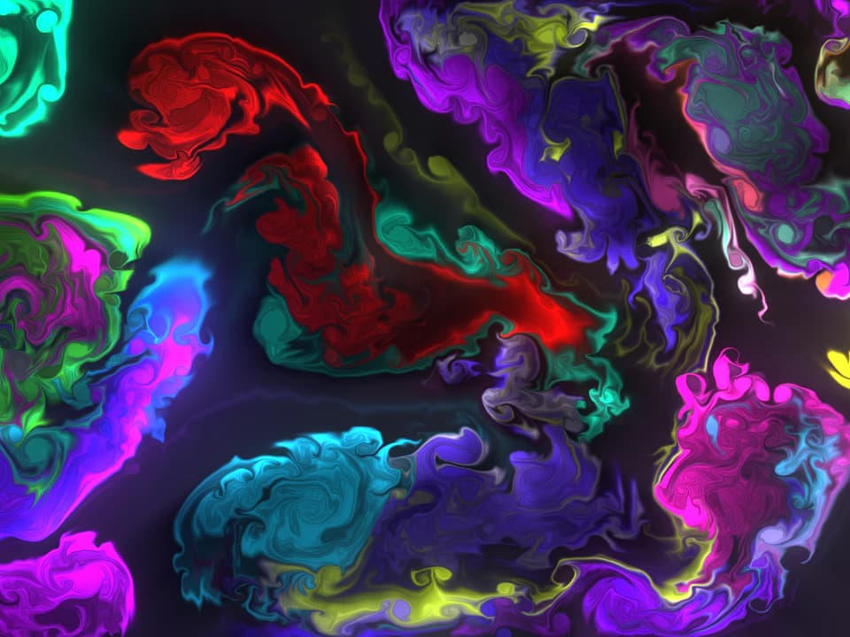 Bright neon swirls of simulated fluid in green, blue, yellow, cyan, and purple against a dark background.
