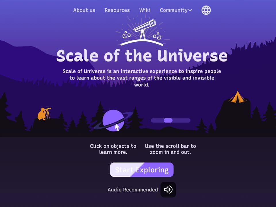 Scale of the Universe webpage with a purple illustrated landscape, telescope and planet graphics, a large title, and instructions to click objects and zoom in and out.
