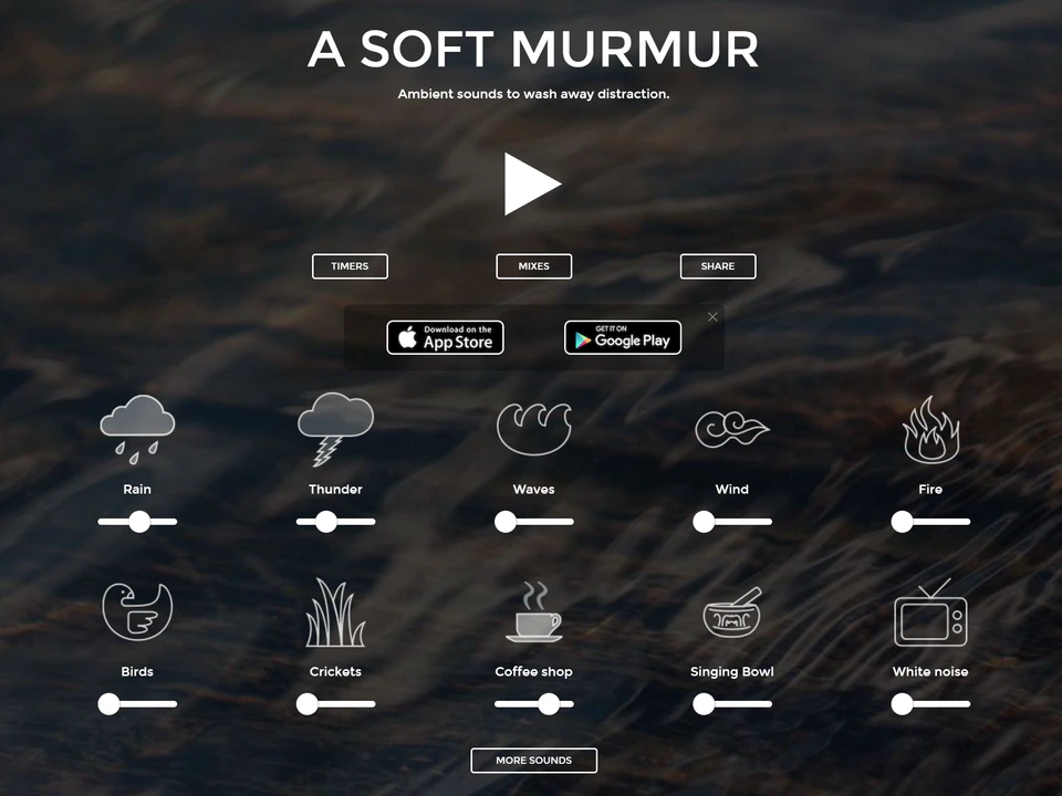 A Soft Murmur interface showing ambient sound controls for rain, thunder, waves, wind, fire, birds, crickets, coffee shop, singing bowl, and white noise.