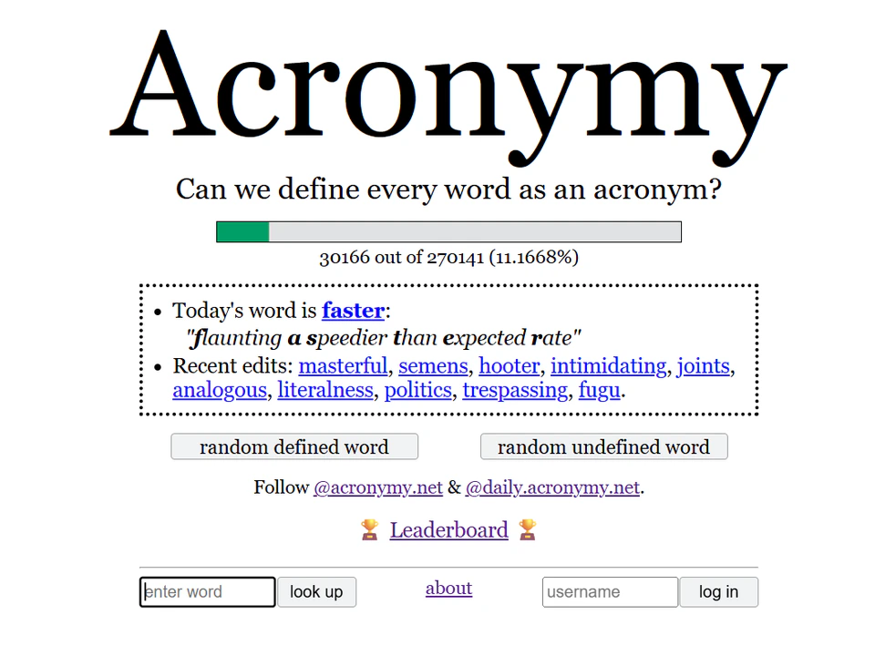 Acronymy webpage showing the title “Acronymy,” the prompt “Can we define every word as an acronym?”, a progress bar, today’s word “faster,” recent edits, and search/login controls.