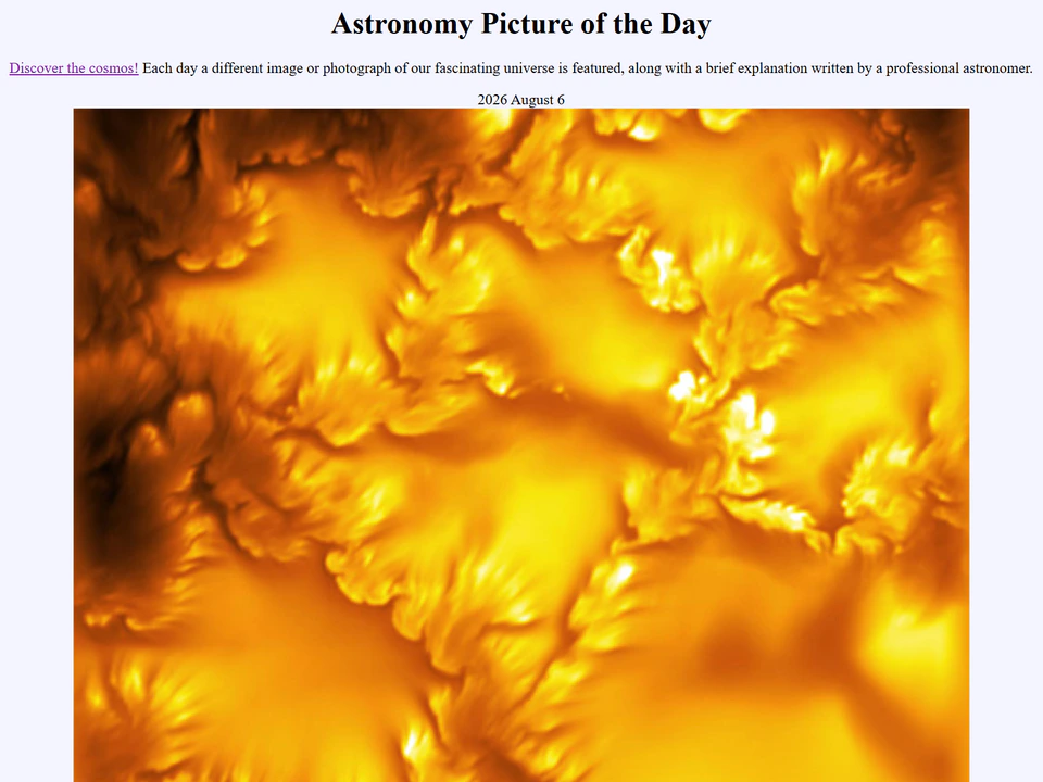 Astronomy Picture of the Day webpage showing a vivid orange-and-yellow close-up image of the Sun beneath the page title and date.