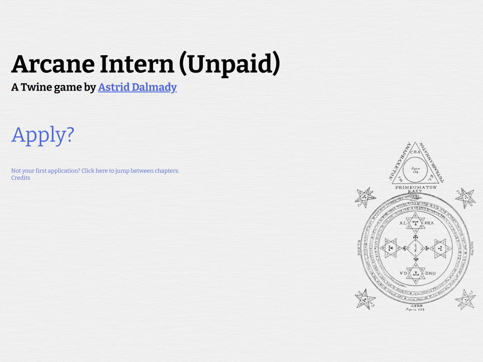 Arcane Intern (Unpaid) webpage showing the title and creator Astrid Dalmady, a large “Apply?” link, chapter and credits links, and an occult-style circular diagram on the right.