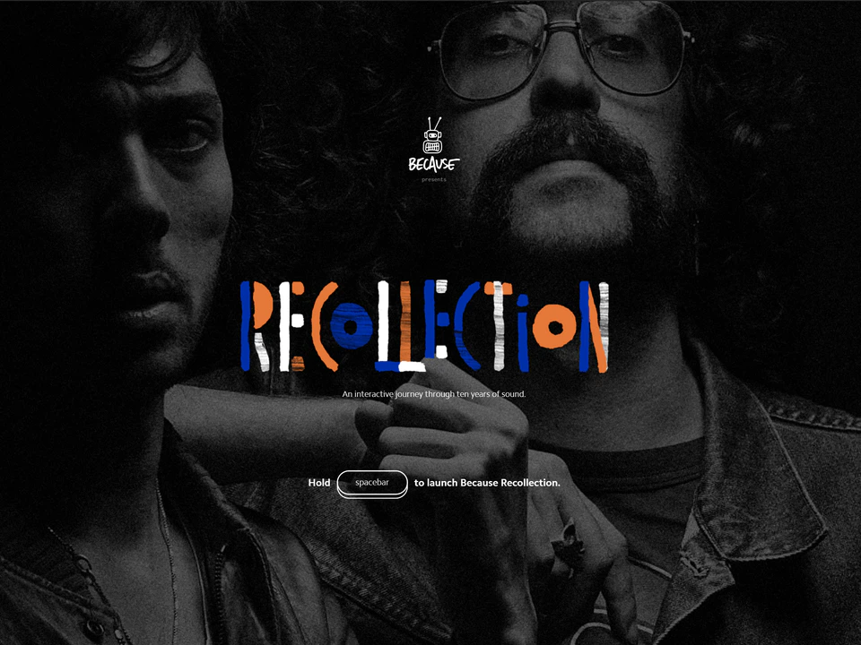 Black-and-white webpage for “Because Recollection,” showing two men in the background, a colorful “RECOLLECTION” title, and instructions to hold the spacebar to launch the interactive experience.