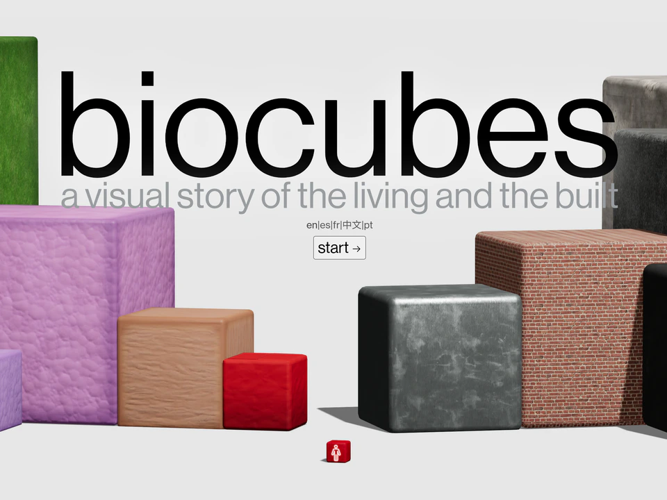 Biocubes webpage with large “biocubes” title text, the subtitle “a visual story of the living and the built,” and colorful textured cubes surrounding a central Start button.