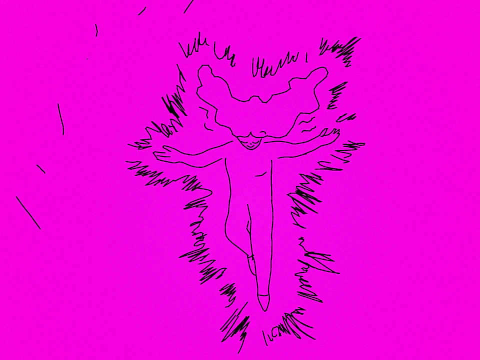 A hand-drawn black figure with outstretched arms floats against a vivid magenta background, surrounded by energetic sketch lines and scribbled marks.