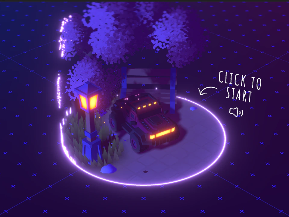 Purple neon scene showing a futuristic car beneath glowing trees and a streetlamp, with handwritten “Click to Start” text and an audio icon.