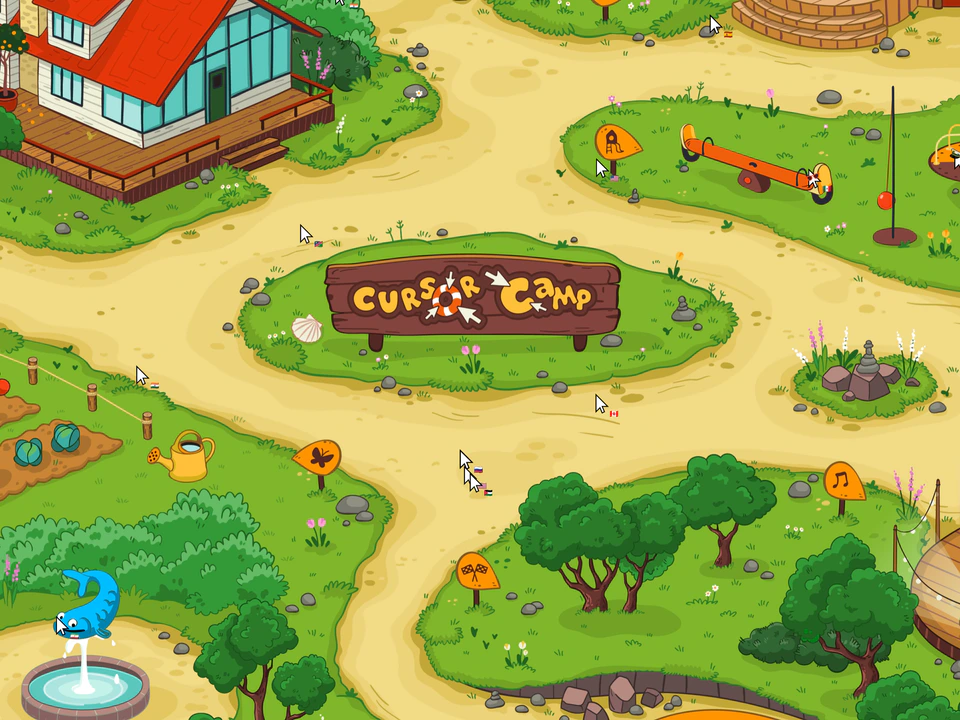 Colorful cartoon campsite map with winding paths, trees, cabins, a seesaw, fountain, and a central wooden sign reading “Cursor Camp.”