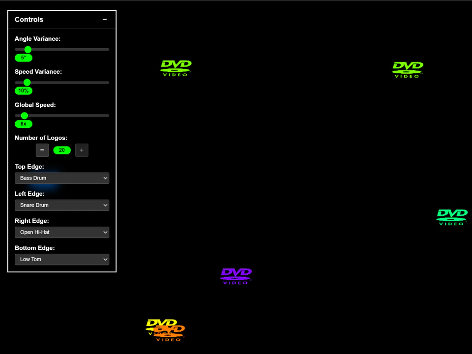 Black screen filled with colorful bouncing DVD Video logos, with a control panel for adjusting angle, speed, logo count, and edge-triggered drum sounds.