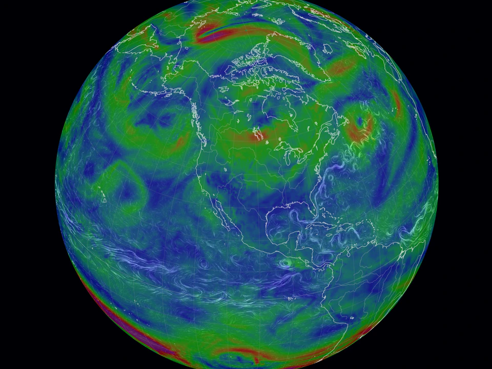 Globe visualization centered on North America, with swirling blue, green, and red wind patterns over a black background.