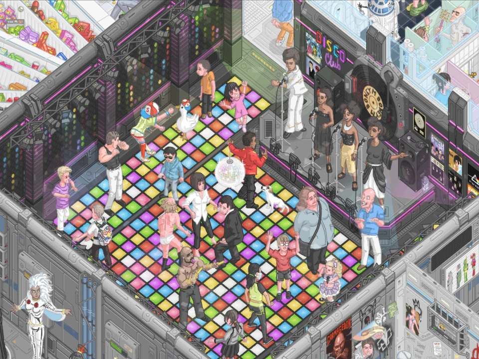 Pixel-art nightclub scene with a colorful illuminated dance floor, crowded dancers, performers onstage, speakers, surrounding shops, and numerous pop-culture references.