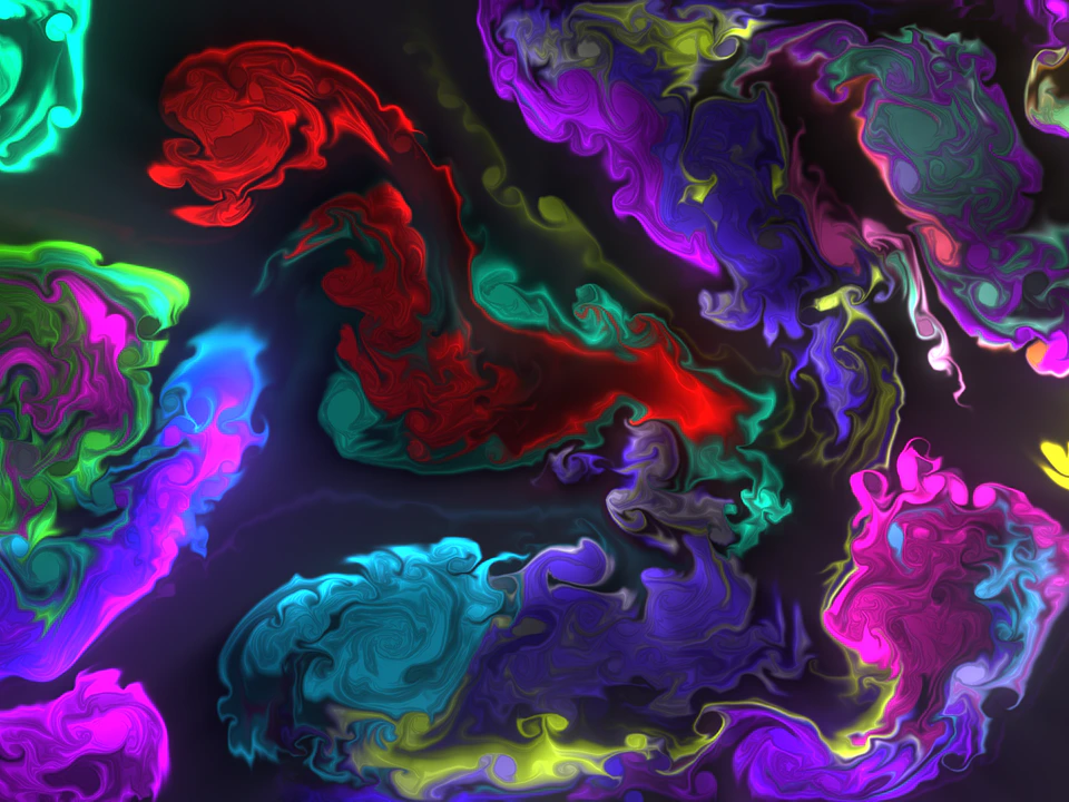 Bright neon swirls of simulated fluid in green, blue, yellow, cyan, and purple against a dark background.
