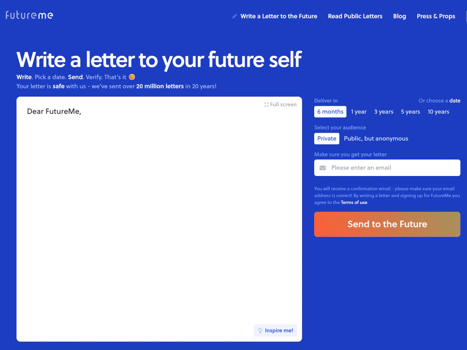FutureMe webpage with a large “Write a letter to your future self” form, delivery-time options, audience settings, email field, and an orange “Send to the Future” button.