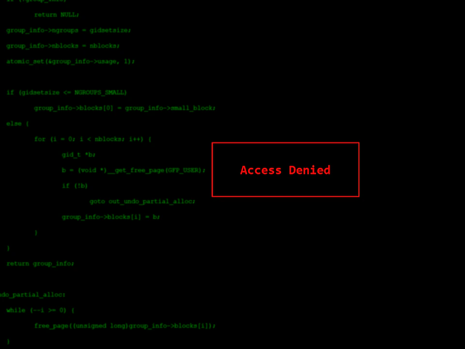 Black webpage with green programming code and a prominent red outlined box reading “Access Denied.”