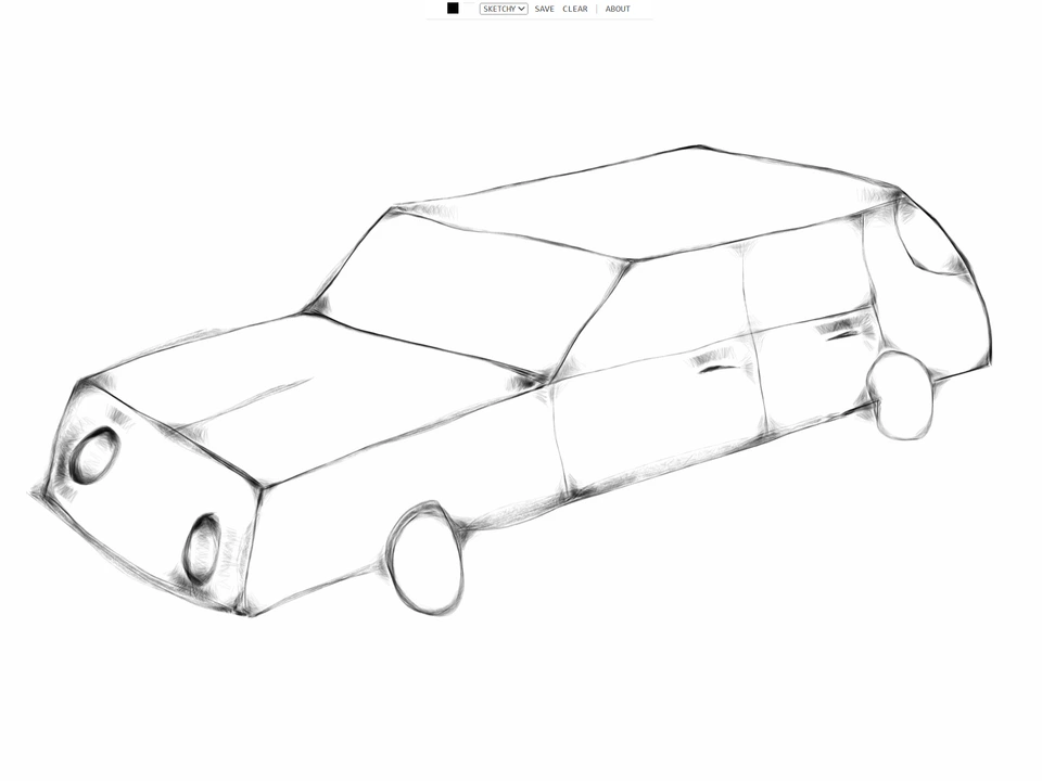 Simple black-and-white hand-drawn sketch of a long car on a white canvas, with small drawing controls along the top.