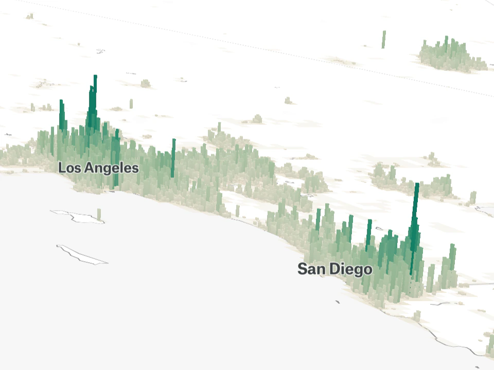 3D population map of Southern California showing green vertical population spikes around Los Angeles and San Diego.