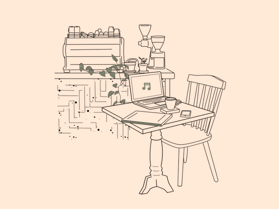 Line-drawn virtual café scene with an espresso machine, laptop, coffee cup, table, and chair.