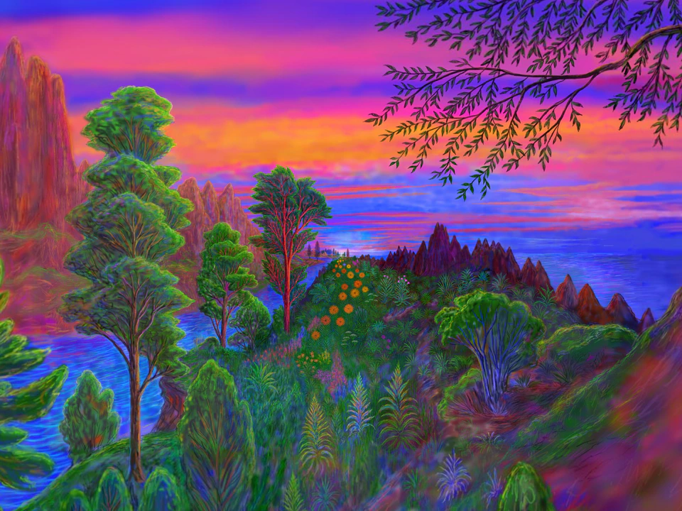Colorful surreal landscape with lush trees and flowers, rocky mountains, blue water, and a vivid pink, purple, and orange sunset sky.