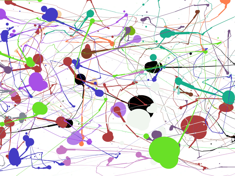 Jackson Pollock-style interactive canvas filled with colorful splattered dots, blobs, and looping paint trails on a white background.