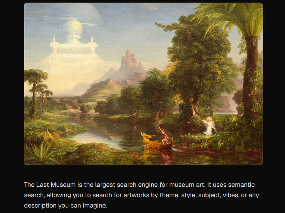 The Last Museum webpage showing a classical landscape painting above a short description explaining its semantic search for museum art.