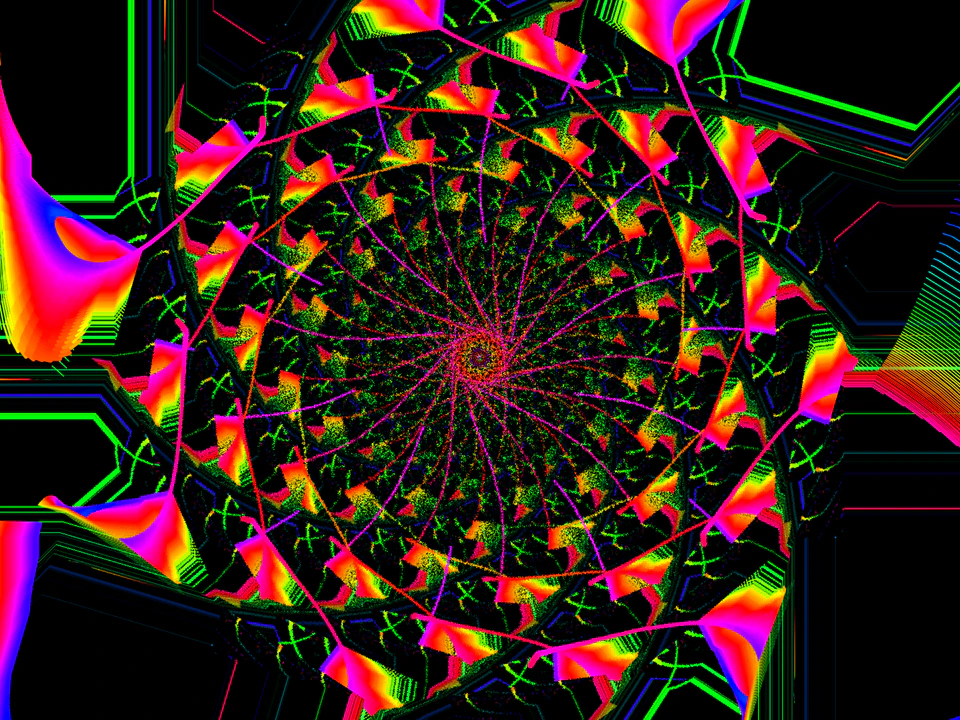 Neon abstract artwork forming a bright kaleidoscopic spiral of pink, green, orange, and blue geometric shapes on a black background.