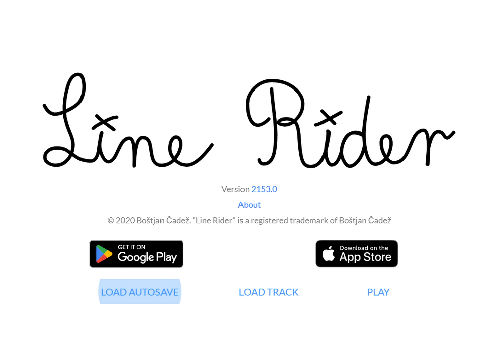 Minimal Line Rider homepage with the handwritten “Line Rider” logo, app download badges, and links to load a track, play, or learn more.