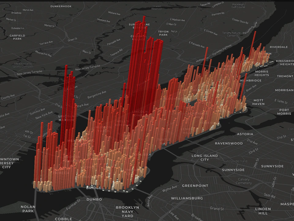 3D map of Manhattan showing dense red and orange population columns rising above the city’s neighborhoods.