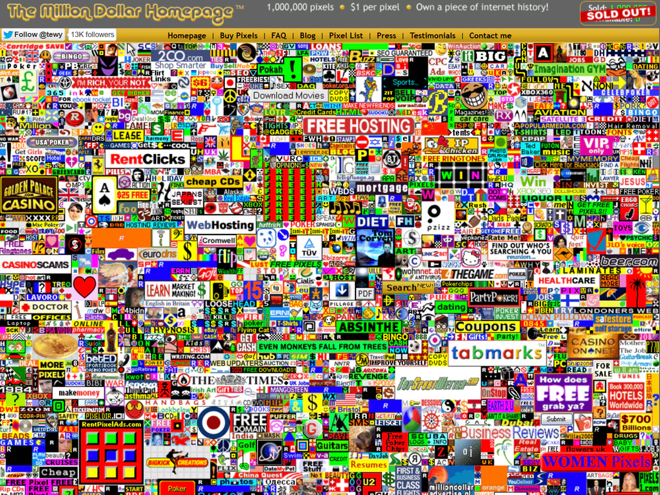 The Million Dollar Homepage showing a dense mosaic of tiny colorful ads and logos covering nearly the entire page beneath the site header.