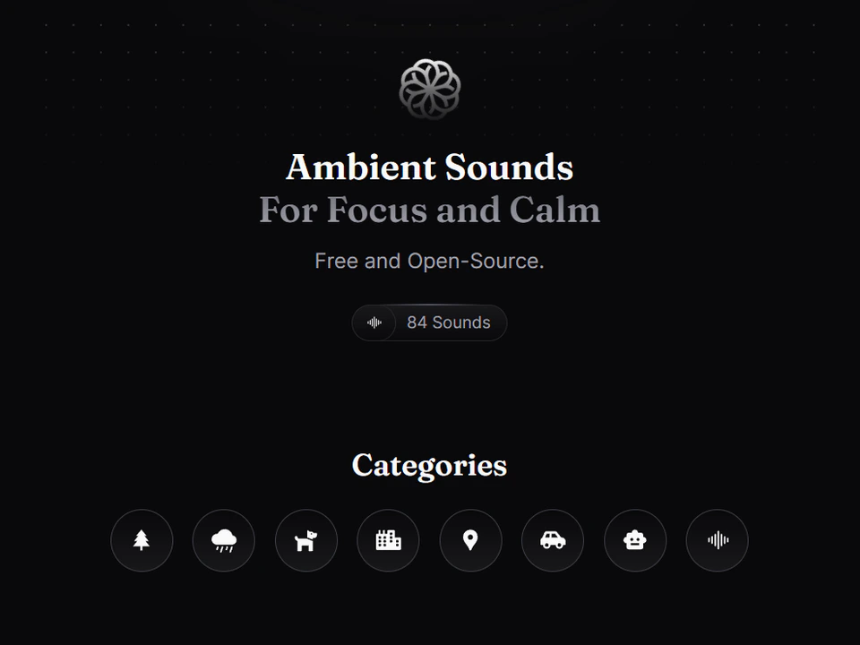 Dark webpage titled “Ambient Sounds for Focus and Calm,” with an “84 Sounds” label and a row of circular sound-category icons.