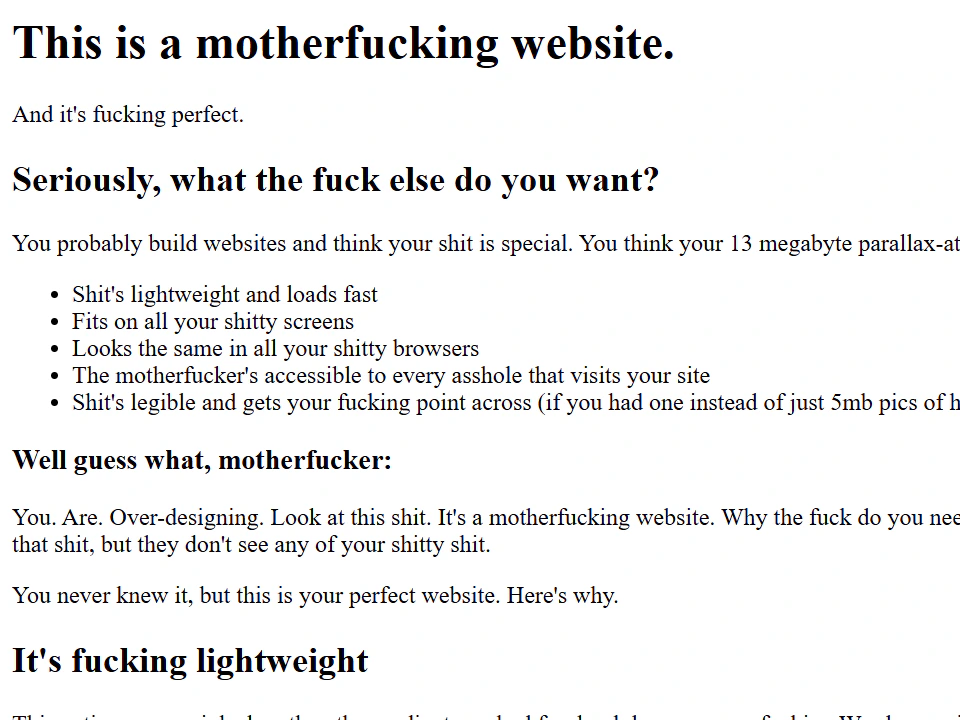 Minimal white webpage with bold black text declaring “This is a motherfucking website,” followed by profane commentary praising simple, lightweight web design.