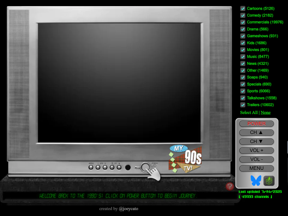 Retro 1990s TV webpage showing a silver television set with channel controls, genre checkboxes, and a “My 90s TV” logo.