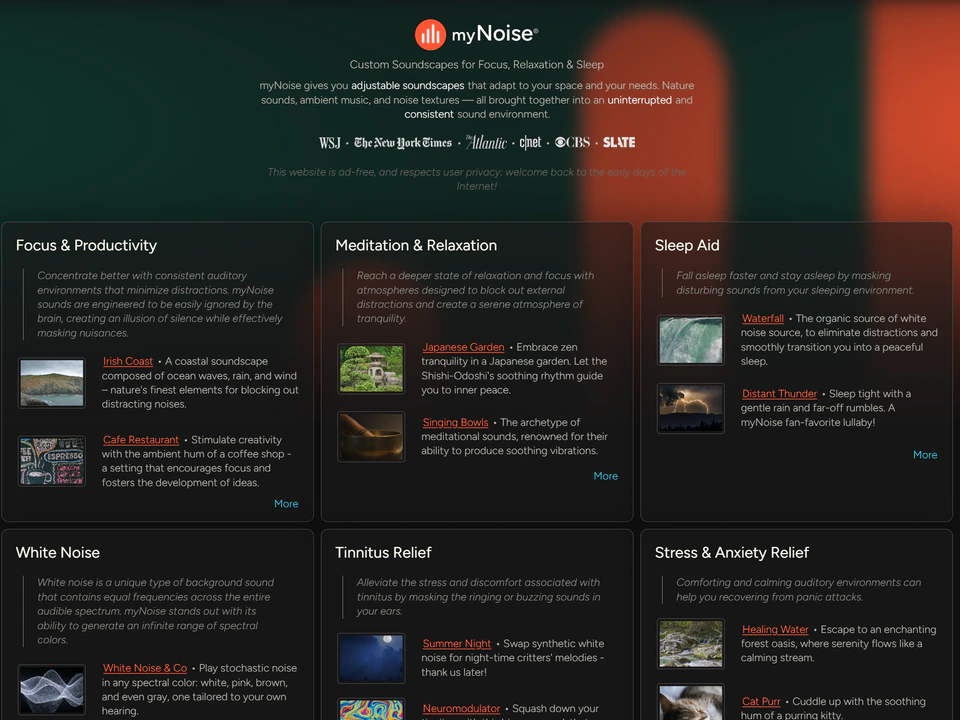 myNoise webpage showing categories for focus, relaxation, sleep, white noise, tinnitus relief, and stress relief, with example soundscapes in each section.