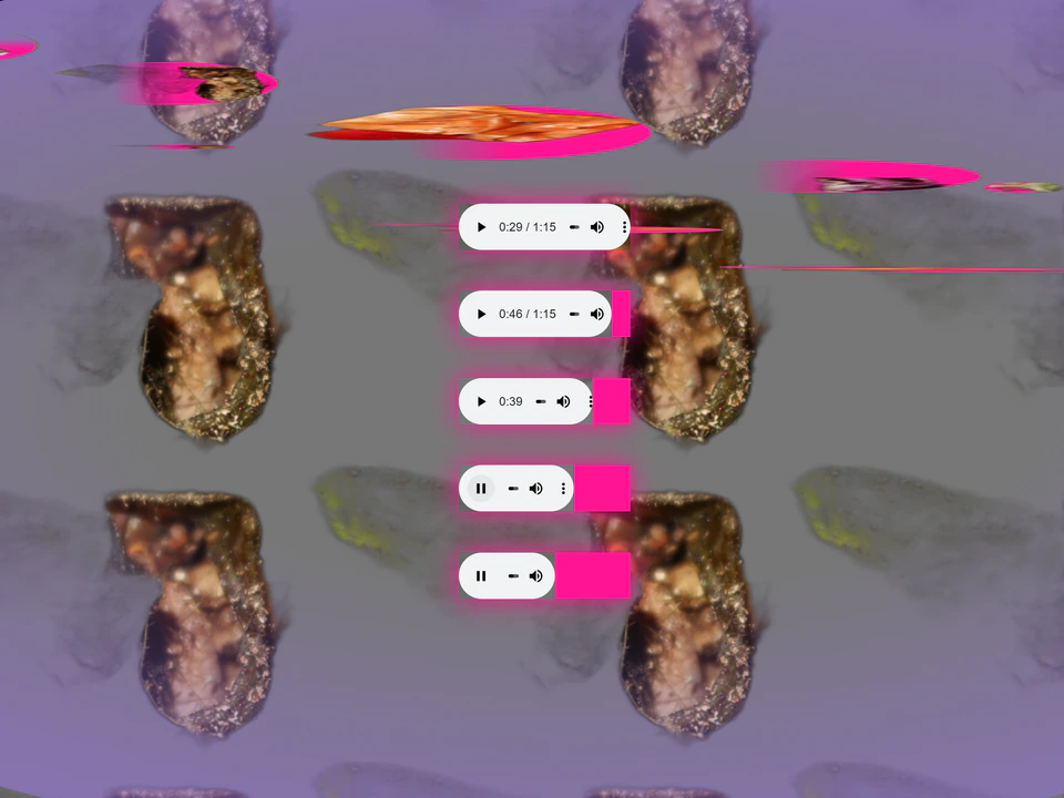 Abstract collage webpage with repeated food-like images, bright pink streaks, and stacked audio player controls on a muted purple background.