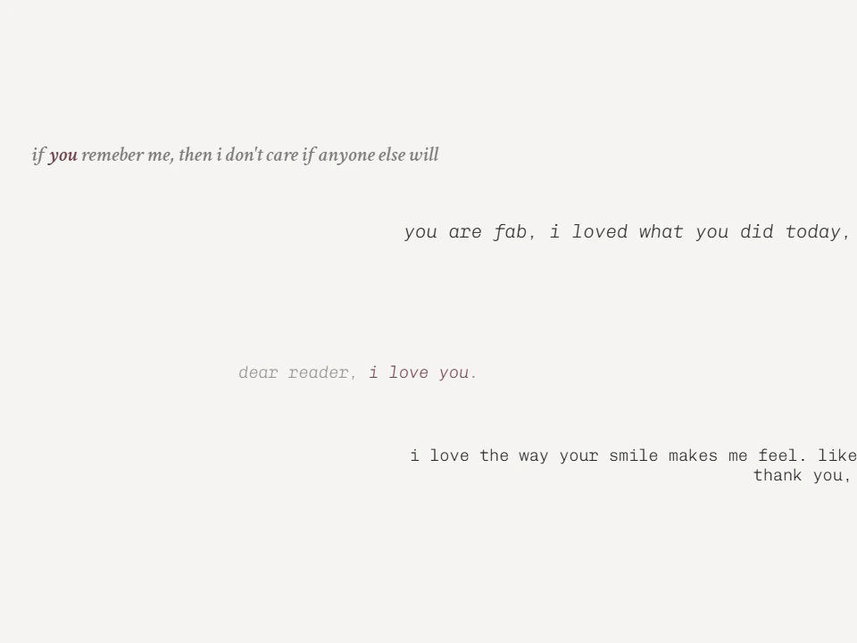 Minimal Notes on Love webpage with several anonymous messages scattered across a pale background, including affectionate notes in different styles and positions.