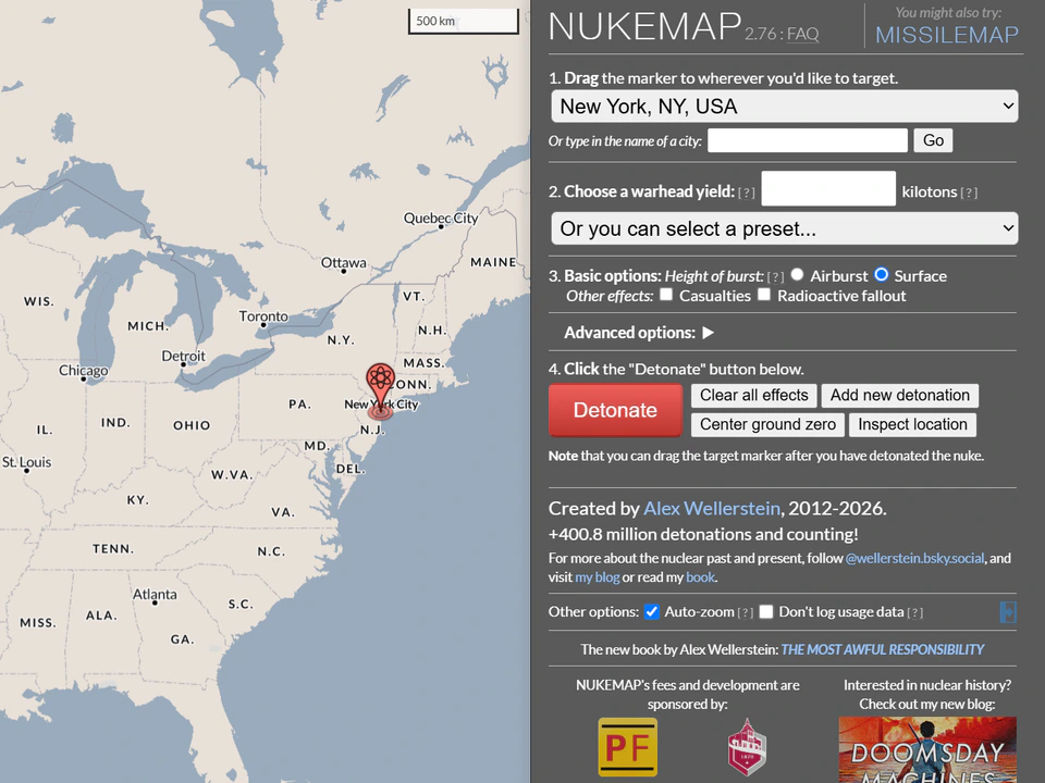 NUKEMAP interface showing a map of North America with New York selected as the target and controls for choosing a nuclear weapon yield and detonation options.