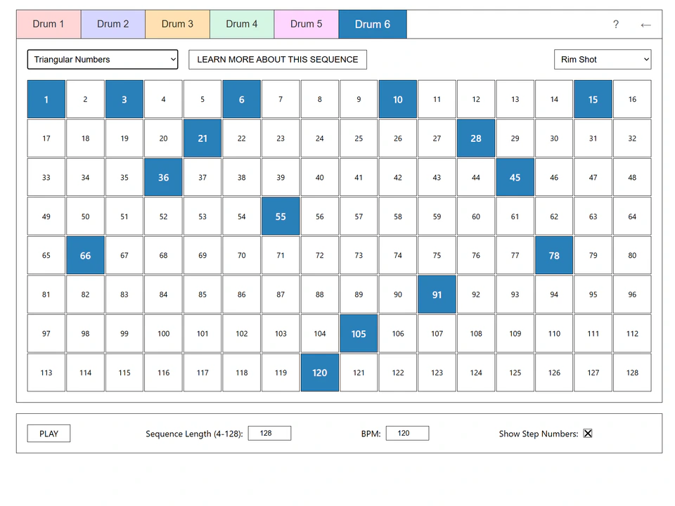 Interactive drum sequencer showing triangular-number steps highlighted across a 128-step grid, with six drum tabs, tempo controls, and a Play button.