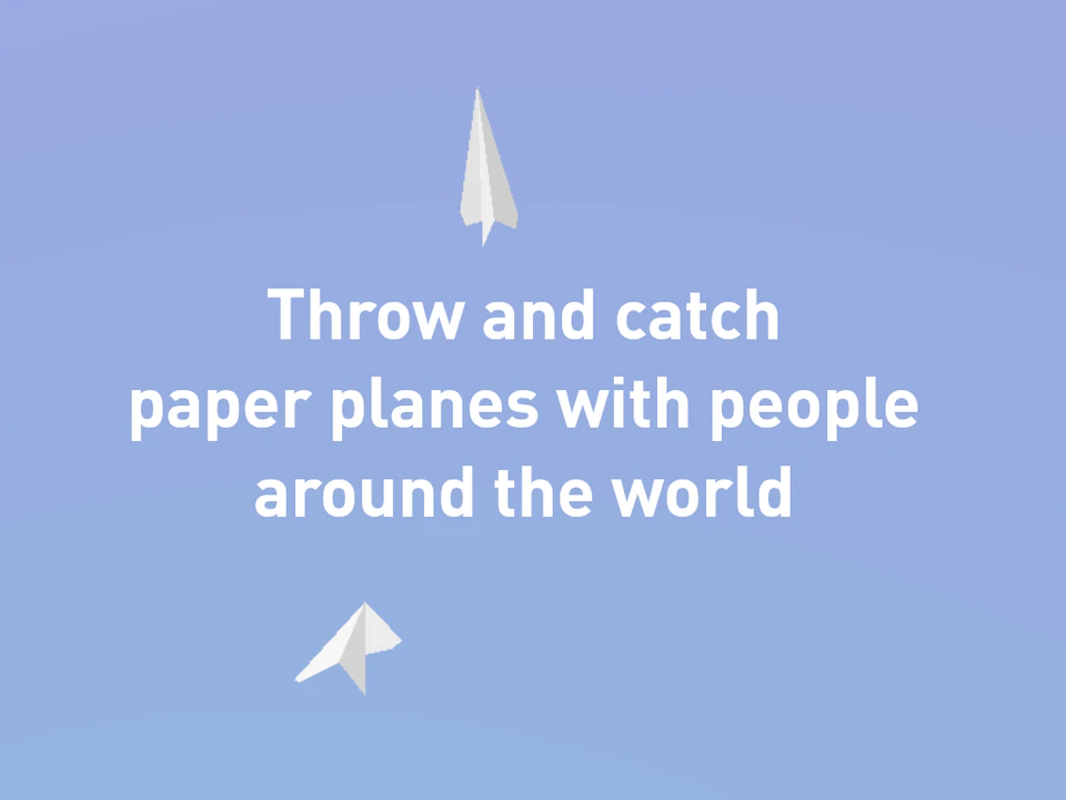 Light blue webpage with paper-plane graphics and the text “Throw and catch paper planes with people around the world.”
