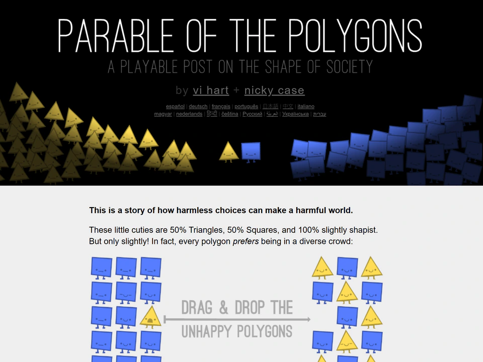 Parable of the Polygons webpage showing yellow triangles and blue squares, with an introduction about how harmless choices can create a harmful world and an interactive drag-and-drop example below.