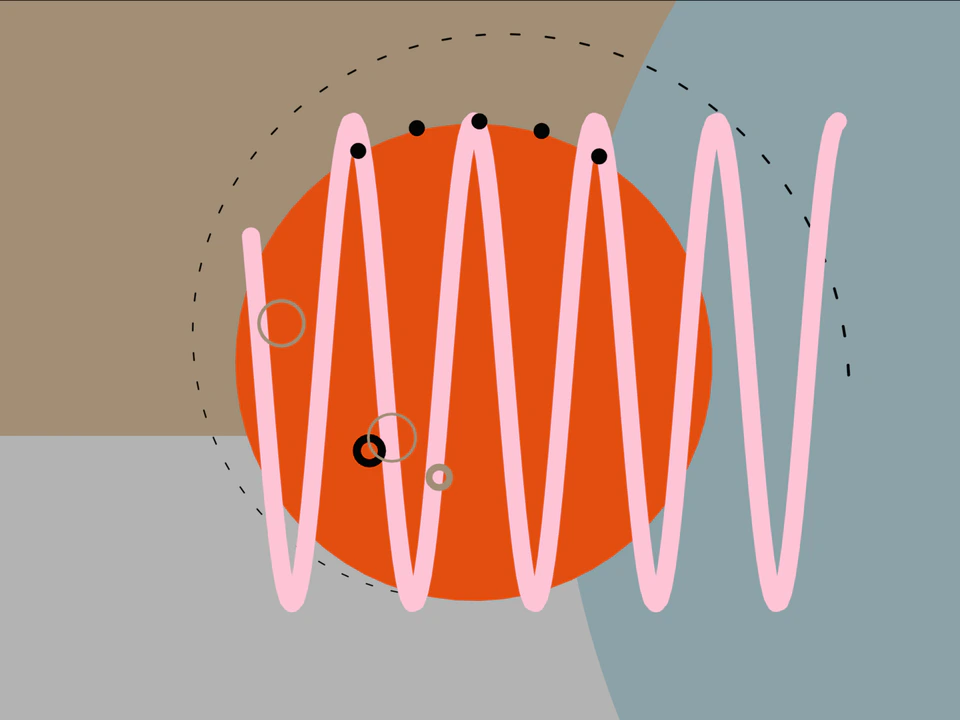 Abstract Patatap visual with pink animated lines crossing an orange circle.