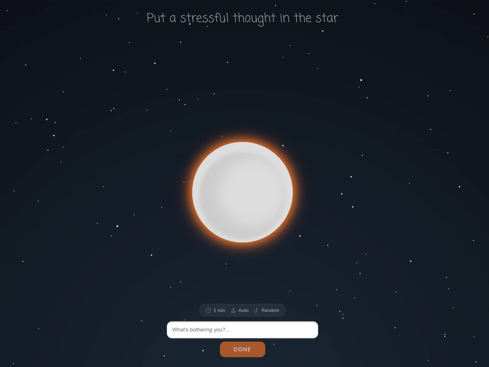 Starry dark webpage with a glowing white star, the prompt “Put a stressful thought in the star,” and a text box asking “What’s bothering you?” above a Done button.