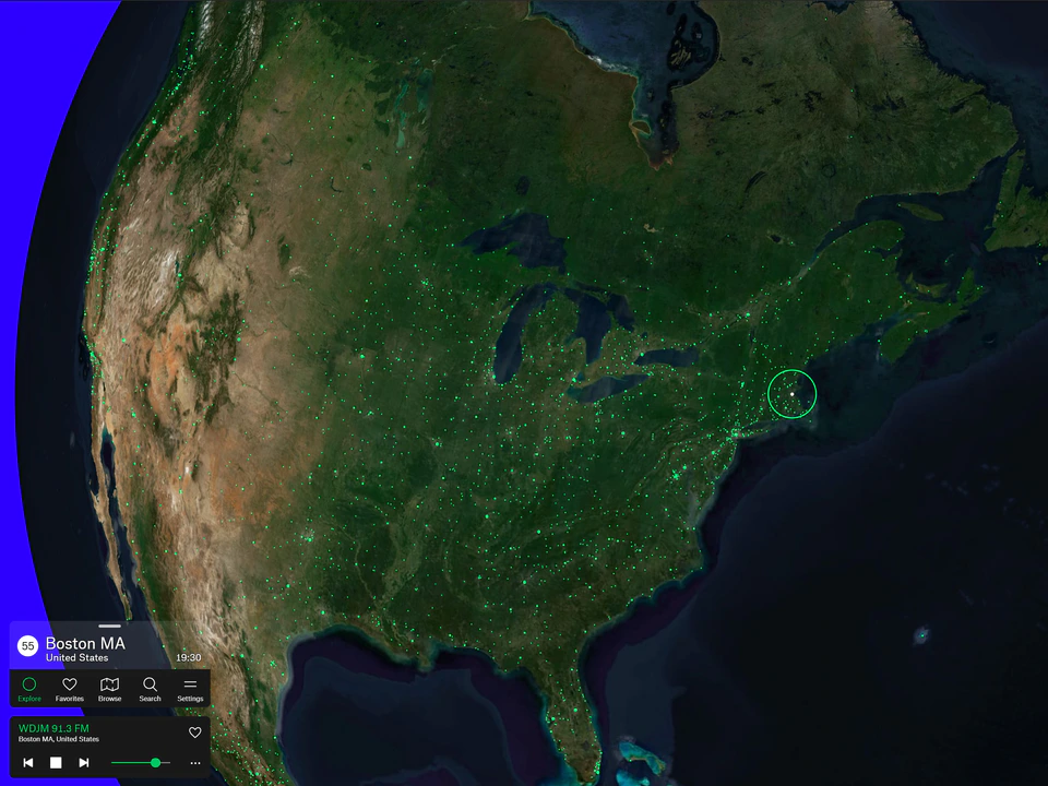 Radio Garden's globe centred on North America, dotted with green live-radio stations, with a Boston station playing in the lower-left controls.