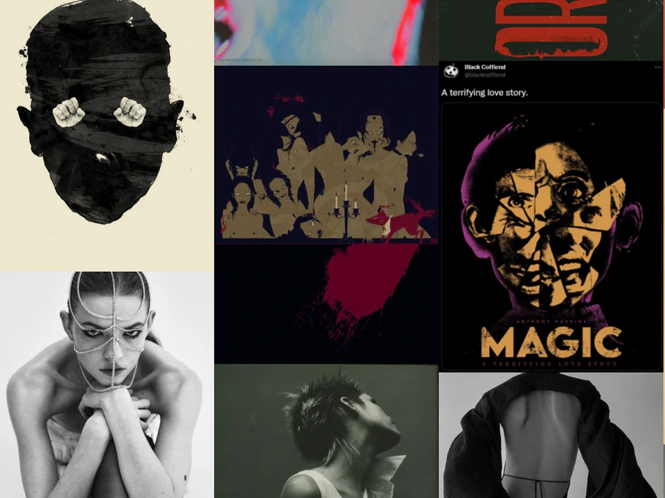 Collage-style webpage mixing fashion photography and bold graphic artwork, including masked faces, portraits, and a colorful “MAGIC” poster.
