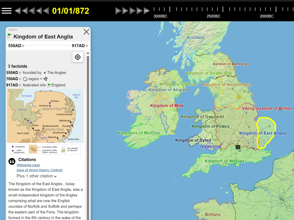 Interactive historical map of Britain showing the Kingdom of East Anglia highlighted, a Viking invasion route, a timeline across the top, and an information panel on the left.