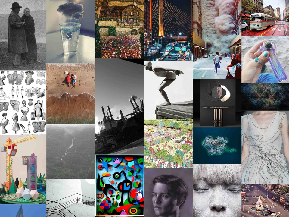 Collage-style gallery of varied photographs, illustrations, architecture, fashion imagery, and colorful abstract artwork arranged in a dense grid.