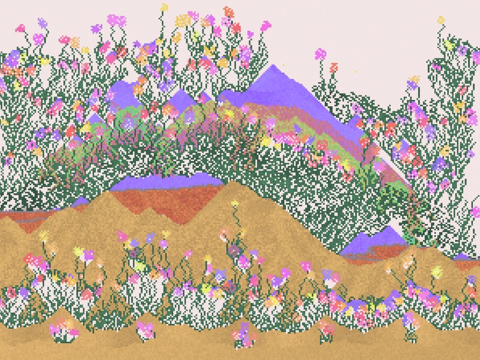 Pixel-art landscape filled with colorful wildflowers, dense green vegetation, rolling hills, and purple mounds beneath a pale sky.
