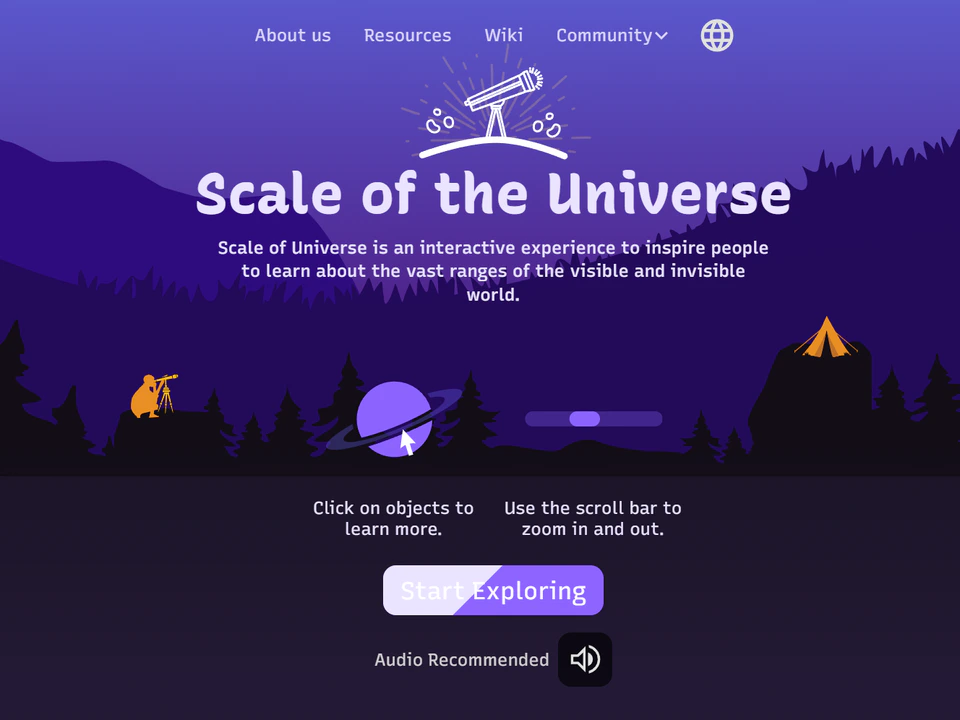 Scale of the Universe webpage with a purple illustrated landscape, telescope and planet graphics, a large title, and instructions to click objects and zoom in and out.