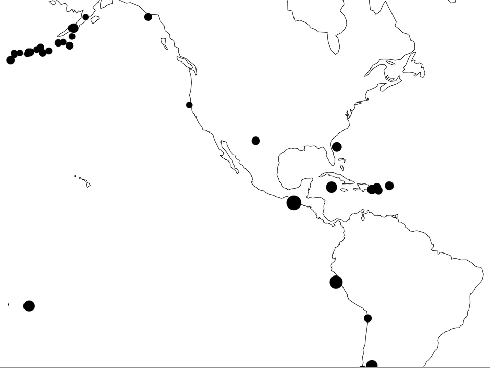 Black-and-white map of the Americas and eastern Pacific with black circles marking recent earthquake locations, including clusters near Alaska, Central America, the Caribbean, and western South America.