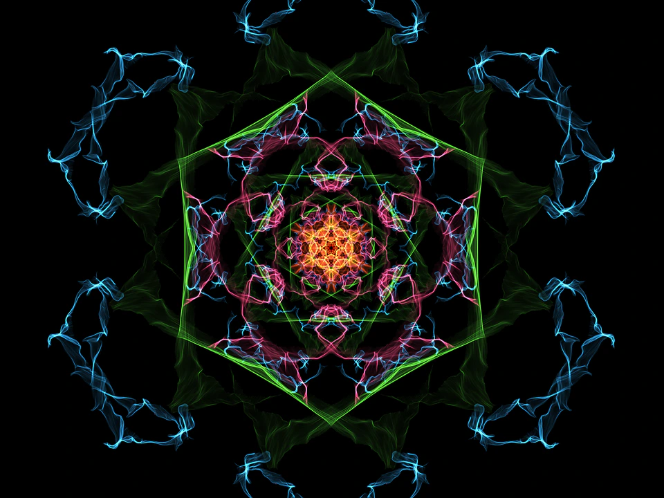 Abstract kaleidoscopic artwork on a black background, with symmetrical neon blue, green, pink, and orange light trails forming a glowing geometric pattern.