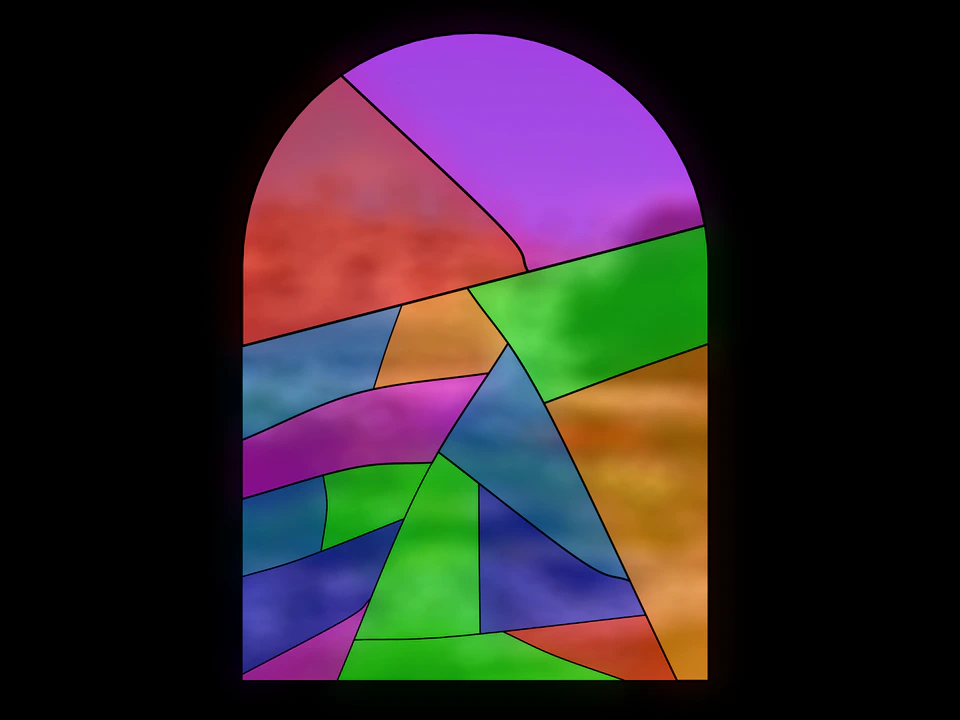 Abstract stained-glass-style artwork with irregular panels of purple, red, green, blue, orange, and pink inside a rounded arch on a black background.