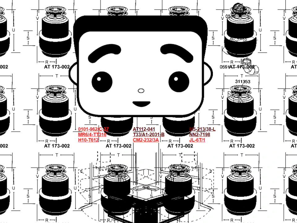 Black-and-white webpage showing a cute cartoon face over a repeating technical diagram of cylindrical objects, with small red alphanumeric labels beneath the face.